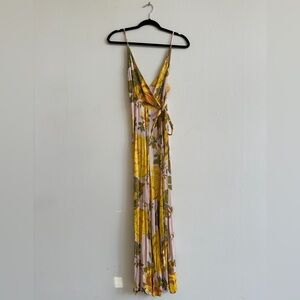 Free People Satin Floral Wide Leg Jumpsuit in Pink/Yellow/Green Floral Sz 0